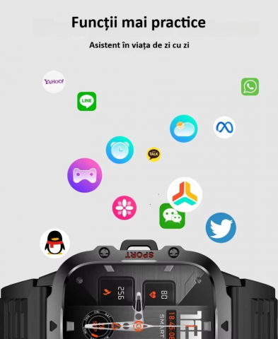 Ceas smartwatch sport, Bluetooth, rezistent la apa, ecran 1.96", cronograf, busola, calendar, monitorizare activitati fizice, somn, ritm cardiac, pedometru, incarcare magnetica, Android, iOS, negru [21]