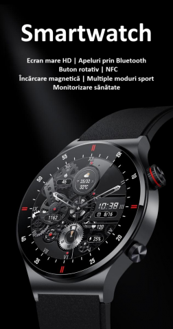 Ceas smartwatch, NFC, apel Bluetooth, ecran 1.28", control tactil, monitorizarea sanatatii, activitatilor fizice, somnului, ritmului cardiac, pedometru, incarcare magnetica, Android, iOS, negru [3]
