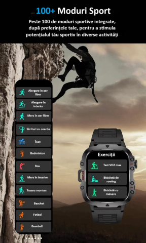 Ceas smartwatch sport, Bluetooth, rezistent la apa, ecran 1.96", cronograf, busola, calendar, monitorizare activitati fizice, somn, ritm cardiac, pedometru, incarcare magnetica, Android, iOS, negru [12]