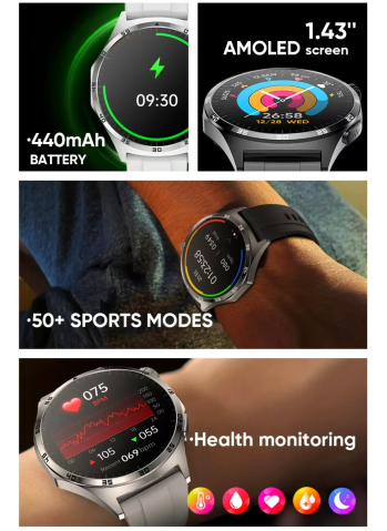 Ceas smartwatch sport ZYTEQ®️, ecran 1.43", Super AMOLED, functie apelare Bluetooth, monitorizare ECG & Ritm Cardiac, rezistent la apa IP67, baterie 440mAh, argintiu [1]