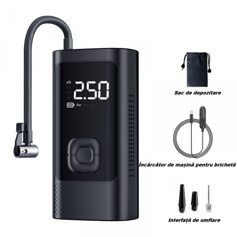 Compresor auto portabil, cu afisaj digital LED, lanterna LED, baterie externa, 150 PSI, 4 capete de umflare, pentru automobil, motocicleta, bicicleta, minge, barca, saltea, husa de depozitare, negru [1]