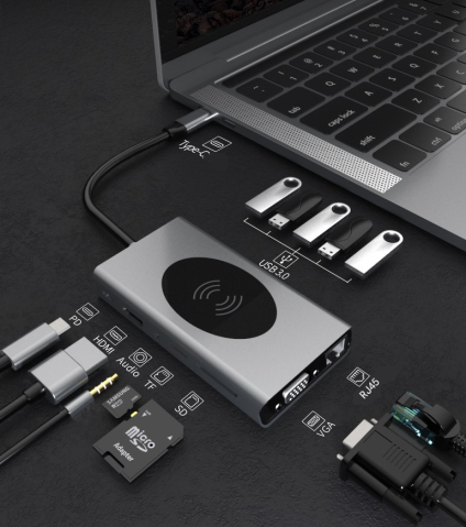 Docking Station USBC ZYTEQ®️, 13 in 1, HDMI 4K, 2xUSB 3.0, 3xUSB 2.0, 1x port PD TypeC, 1 x slot pentru card SD, 1x card TF, 1x port VGA, Ethernet RJ45, Aux 3, 5 mm, gri [2]