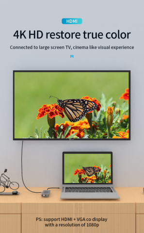 Docking Station USBC ZYTEQ®️, 13 in 1, HDMI 4K, 2xUSB 3.0, 3xUSB 2.0, 1x port PD TypeC, 1 x slot pentru card SD, 1x card TF, 1x port VGA, Ethernet RJ45, Aux 3, 5 mm, gri [3]