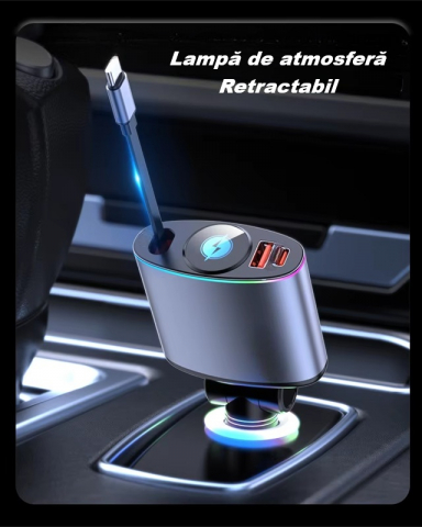 Incarcator auto Fast Charge retractabil, unghi ajustabil, cu afisaj digital, design compact, cu un cablu retractabil Type C, doua porturi iesire USB si USB-C, gri [4]