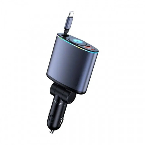 Incarcator auto Fast Charge retractabil, unghi ajustabil, cu afisaj digital, design compact, cu un cablu retractabil Type C, doua porturi iesire USB si USB-C, gri [2]