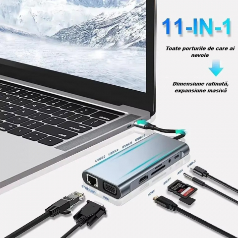 Docking Station USBC, 11 in 1, 1x 1000Mbps Gigabit Ethernet Port, 1x 4k HDMI, 1xport VGA, 3xUSB3.0, 1x port USB-C date, 1x port PD TypeC, 1xslot pentru card SD, 1xcard TF, 1x3,5 mm audio/microfon, gri [3]