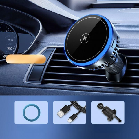 Incarcator auto, suport de incarcare fara fir, 15W Qi Fast Charge, compatibil MagSafe, suport ventilatie sau bord, iluminat LED, 360°, cu functie de refrigerare, rotativ, magnet puternic, negru [2]