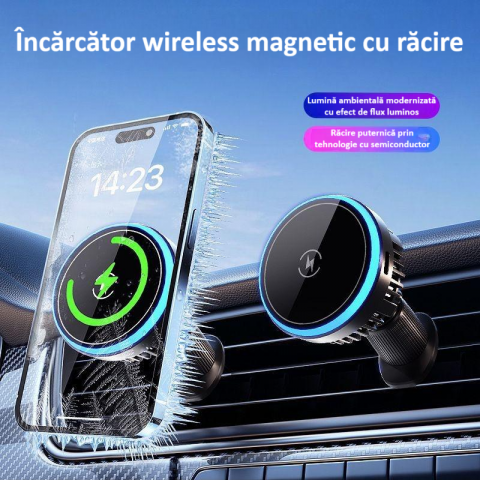 Incarcator auto, suport de incarcare fara fir, 15W Qi Fast Charge, compatibil MagSafe, suport ventilatie sau bord, iluminat LED, 360°, cu functie de refrigerare, rotativ, magnet puternic, negru [3]