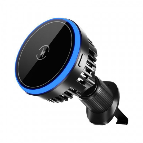 ACCESORII AUTO - Incarcator auto, suport de incarcare fara fir, 15W Qi Fast Charge, compatibil MagSafe, suport ventilatie sau bord, iluminat LED, 360°, cu functie de refrigerare, rotativ, magnet puternic, negru