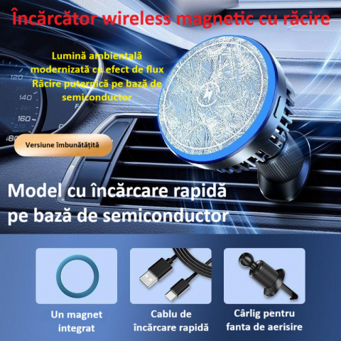 Incarcator auto, suport de incarcare fara fir, 15W Qi Fast Charge, compatibil MagSafe, suport ventilatie sau bord, iluminat LED, 360°, cu functie de refrigerare, rotativ, magnet puternic, negru [1]