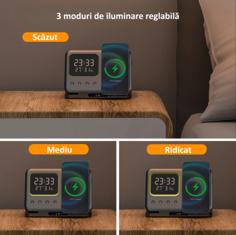 Incarcator wireless, statie de incarcare 5 in 1,ceas, afisaj temperatura, umiditate, lumina de noapte, Fast Charge, compatibil cu Apple Watch, AirPods, iPhone, Samsung, telefoane cu functia Qi, negru [8]