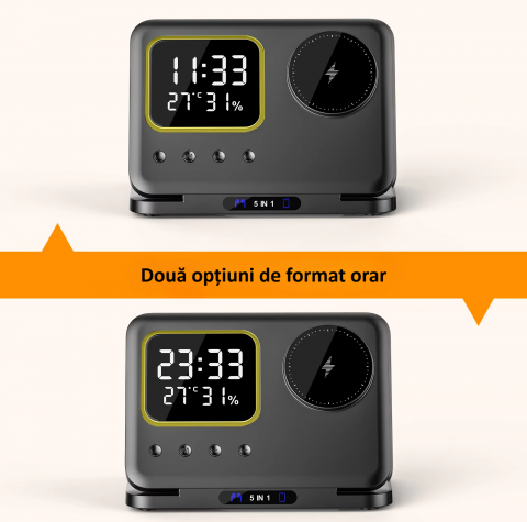 Incarcator wireless, statie de incarcare 5 in 1,ceas, afisaj temperatura, umiditate, lumina de noapte, Fast Charge, compatibil cu Apple Watch, AirPods, iPhone, Samsung, telefoane cu functia Qi, negru [3]