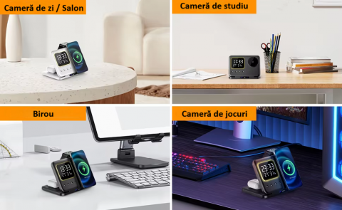 Incarcator wireless, statie de incarcare 5 in 1,ceas, afisaj temperatura, umiditate, lumina de noapte, Fast Charge, compatibil cu Apple Watch, AirPods, iPhone, Samsung, telefoane cu functia Qi, negru [5]