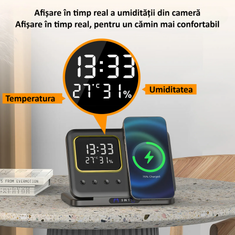 Incarcator wireless, statie de incarcare 5 in 1,ceas, afisaj temperatura, umiditate, lumina de noapte, Fast Charge, compatibil cu Apple Watch, AirPods, iPhone, Samsung, telefoane cu functia Qi, negru [9]