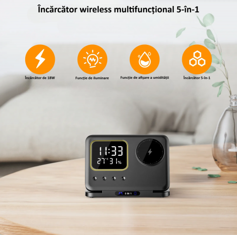 Incarcator wireless, statie de incarcare 5 in 1,ceas, afisaj temperatura, umiditate, lumina de noapte, Fast Charge, compatibil cu Apple Watch, AirPods, iPhone, Samsung, telefoane cu functia Qi, negru [7]