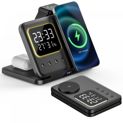 CASA - Incarcator wireless, statie de incarcare 5 in 1,ceas, afisaj temperatura, umiditate, lumina de noapte, Fast Charge, compatibil cu Apple Watch, AirPods, iPhone, Samsung, telefoane cu functia Qi, negru