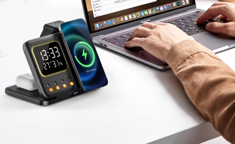 Incarcator wireless, statie de incarcare 5 in 1,ceas, afisaj temperatura, umiditate, lumina de noapte, Fast Charge, compatibil cu Apple Watch, AirPods, iPhone, Samsung, telefoane cu functia Qi, negru [6]