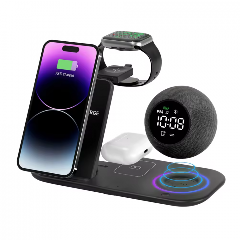 Incarcator wireless tip statie de incarcare 6 in 1, boxa, ceas, Bluetooth, fast charge, incarcare rapida, compatibil cu Apple Watch, AirPods, iPhone, Android, Samsung, telefoane cu functia Qi, negru [1]