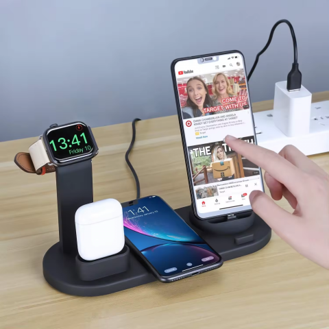 Incarcator wireless, statie de incarcare 6 in 1 universala standard Qi, fast charge 15W, compatibil cu Apple Watch, AirPods, iPhone, Android, Samsung, Huawei, si alte telefoane cu functia Qi, negru [2]