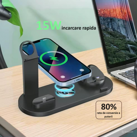 Incarcator wireless, statie de incarcare 6 in 1 universala standard Qi, fast charge 15W, compatibil cu Apple Watch, AirPods, iPhone, Android, Samsung, Huawei, si alte telefoane cu functia Qi, negru [4]