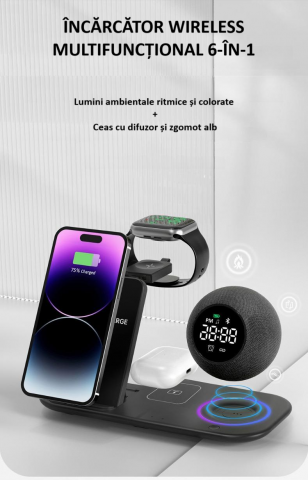 Incarcator wireless tip statie de incarcare 6 in 1, boxa, ceas, Bluetooth, fast charge, incarcare rapida, compatibil cu Apple Watch, AirPods, iPhone, Android, Samsung, telefoane cu functia Qi, negru [2]