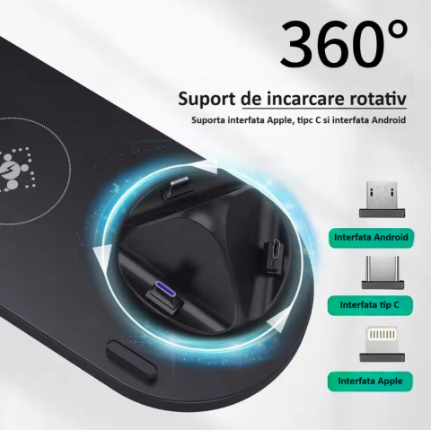 Incarcator wireless, statie de incarcare 6 in 1 universala standard Qi, fast charge 15W, compatibil cu Apple Watch, AirPods, iPhone, Android, Samsung, Huawei, si alte telefoane cu functia Qi, negru [5]