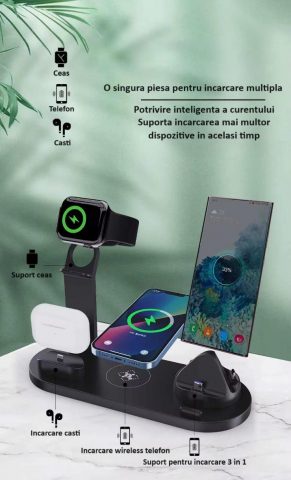Incarcator wireless, statie de incarcare 6 in 1 universala standard Qi, fast charge 15W, compatibil cu Apple Watch, AirPods, iPhone, Android, Samsung, Huawei, si alte telefoane cu functia Qi, negru [3]