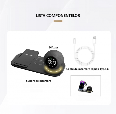 Incarcator wireless tip statie de incarcare 6 in 1, boxa, ceas, Bluetooth, fast charge, incarcare rapida, compatibil cu Apple Watch, AirPods, iPhone, Android, Samsung, telefoane cu functia Qi, negru [13]