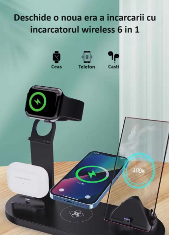 Incarcator wireless, statie de incarcare 6 in 1 universala standard Qi, fast charge 15W, compatibil cu Apple Watch, AirPods, iPhone, Android, Samsung, Huawei, si alte telefoane cu functia Qi, negru [7]