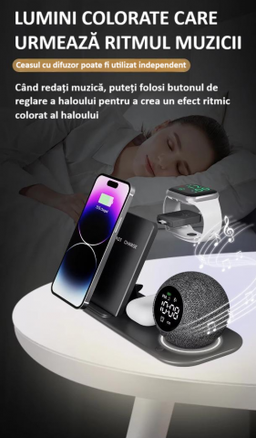 Incarcator wireless tip statie de incarcare 6 in 1, boxa, ceas, Bluetooth, fast charge, incarcare rapida, compatibil cu Apple Watch, AirPods, iPhone, Android, Samsung, telefoane cu functia Qi, negru [5]