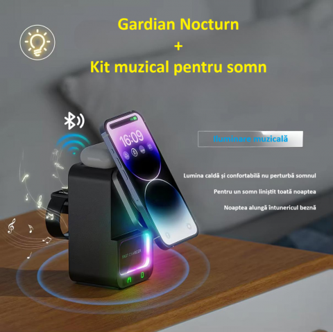 Incarcator wireless, tip statie de incarcare universala 4 in 1, compacta, cu boxa Bluetooth, lumina calda, fast charge CryoBoost 15W, negru [2]