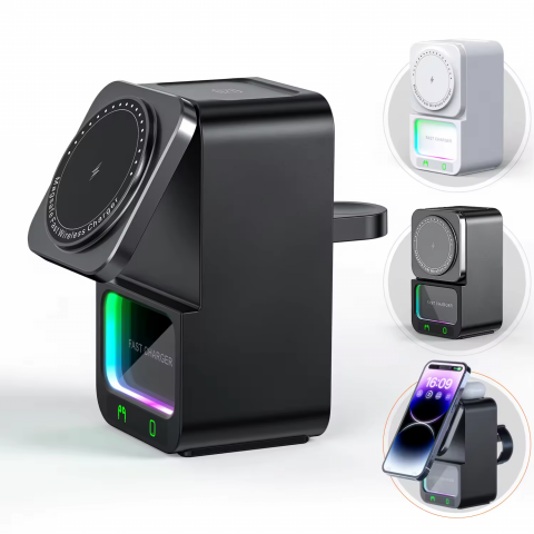 Incarcator wireless, tip statie de incarcare universala 4 in 1, compacta, cu boxa Bluetooth, lumina calda, fast charge CryoBoost 15W, negru [1]