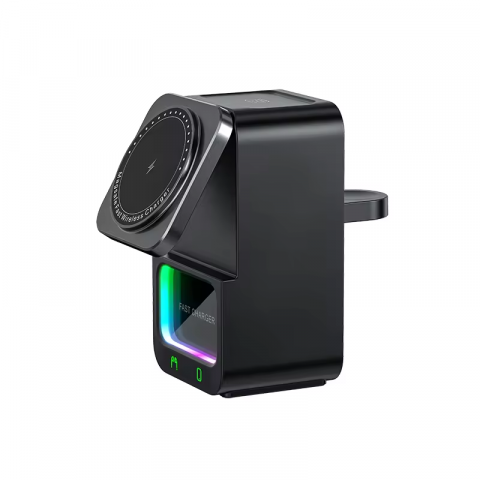 Incarcator wireless, tip statie de incarcare universala 4 in 1, compacta, cu boxa Bluetooth, lumina calda, fast charge CryoBoost 15W, negru [0]