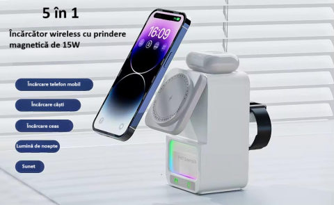 Incarcator wireless, tip statie de incarcare universala 4 in 1, compacta, cu boxa Bluetooth, lumina calda, fast charge CryoBoost 15W, negru [8]