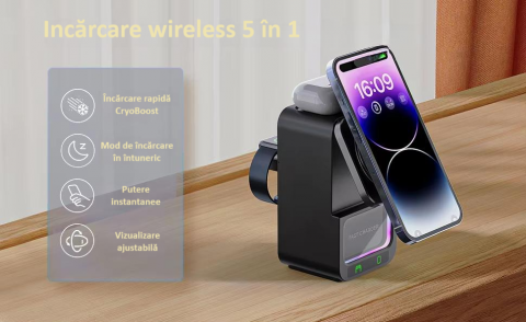 Incarcator wireless, tip statie de incarcare universala 4 in 1, compacta, cu boxa Bluetooth, lumina calda, fast charge CryoBoost 15W, negru [10]