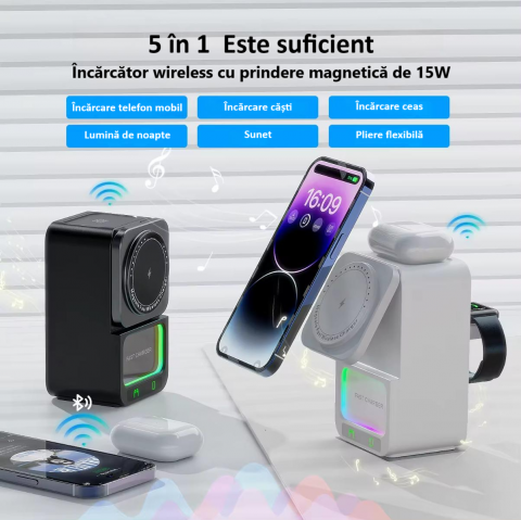 Incarcator wireless, tip statie de incarcare universala 4 in 1, compacta, cu boxa Bluetooth, lumina calda, fast charge CryoBoost 15W, negru [6]