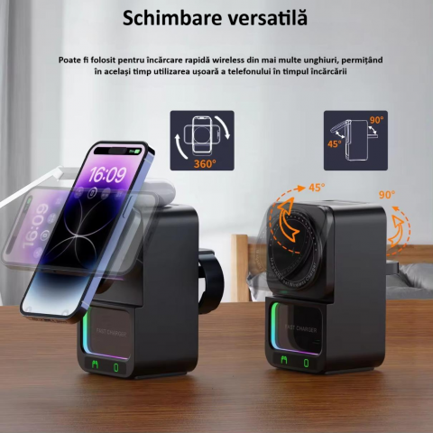 Incarcator wireless, tip statie de incarcare universala 4 in 1, compacta, cu boxa Bluetooth, lumina calda, fast charge CryoBoost 15W, negru [4]