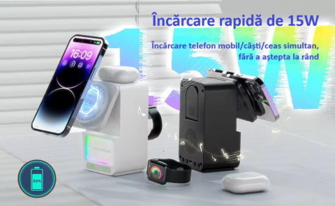Incarcator wireless, tip statie de incarcare universala 4 in 1, compacta, cu boxa Bluetooth, lumina calda, fast charge CryoBoost 15W, negru [9]