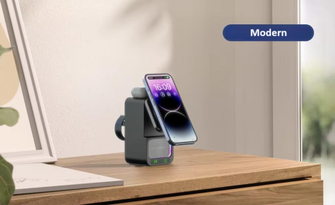 Incarcator wireless, tip statie de incarcare universala 4 in 1, compacta, cu boxa Bluetooth, lumina calda, fast charge CryoBoost 15W, negru [11]
