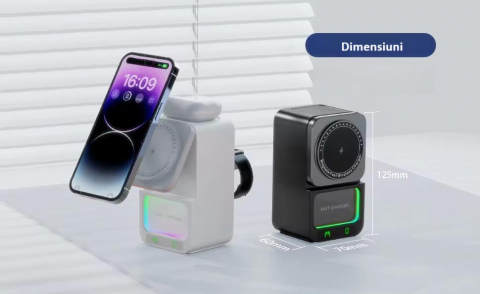 Incarcator wireless, tip statie de incarcare universala 4 in 1, compacta, cu boxa Bluetooth, lumina calda, fast charge CryoBoost 15W, negru [13]
