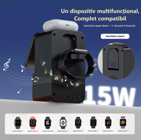 Incarcator wireless, tip statie de incarcare universala 4 in 1, compacta, cu boxa Bluetooth, lumina calda, fast charge CryoBoost 15W, negru [5]