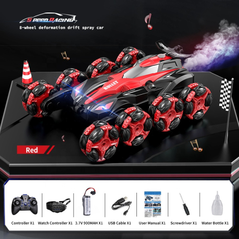 Masina de jucarie electrica ZYTEQ®️ 8 roti, tractiune integrala 4WD, telecomanda 2.4G si control prin ceas, viteza mare, drift cu aburi si cascadorii 360 de grade, rosie [5]