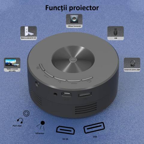 Mini Proiector LED Portabil YT200, cu difuzor incorporat, conexiune pentru casti, USB, de interior si exterior, durata de viata de peste 30.000 de ore, protejeaza ochii, design compact, negru [3]
