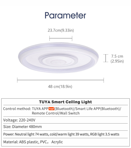 Plafoniera LED inteligenta ZYTEQ®️, putere 74W, eleganta, control prin telecomanda si aplicatie Tuya sau Smart Life APP, muzica prin Bluetooth, lumina RGB calda si rece, alba [16]