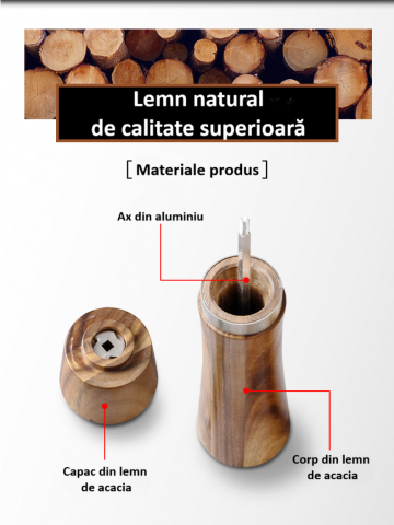Set 2 rasnite pentru sare si piper, suport din lemn de acacia, inel de otel negru, granulatie reglabila, mecanism ceramic de inalta duritate, ax din aluminiu, capac si corp din lemn, maro [2]