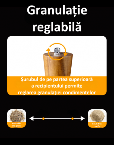Set 2 rasnite pentru sare si piper, suport din lemn de acacia, inel de otel negru, granulatie reglabila, mecanism ceramic de inalta duritate, ax din aluminiu, capac si corp din lemn, maro [6]
