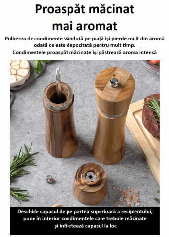 Set 2 rasnite pentru sare si piper, suport din lemn de acacia, inel de otel negru, granulatie reglabila, mecanism ceramic de inalta duritate, ax din aluminiu, capac si corp din lemn, maro [4]