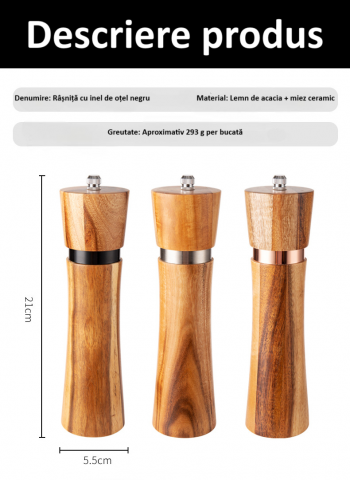 Set 2 rasnite pentru sare si piper, suport din lemn de acacia, inel de otel negru, granulatie reglabila, mecanism ceramic de inalta duritate, ax din aluminiu, capac si corp din lemn, maro [8]