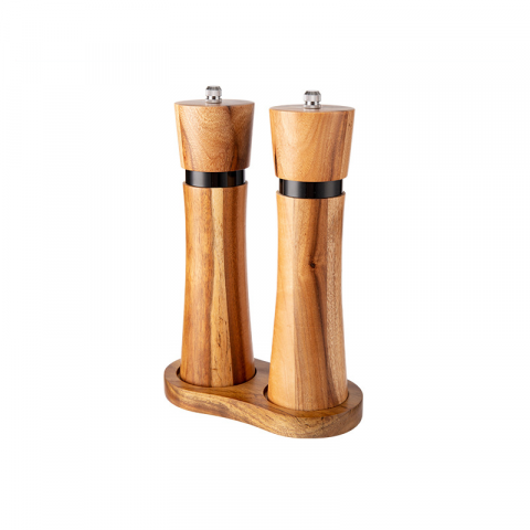 CASA - Set 2 rasnite pentru sare si piper, suport din lemn de acacia, inel de otel negru, granulatie reglabila, mecanism ceramic de inalta duritate, ax din aluminiu, capac si corp din lemn, maro
