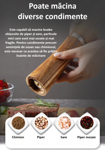 Set 2 rasnite pentru sare si piper, suport din lemn de acacia, inel de otel negru, granulatie reglabila, mecanism ceramic de inalta duritate, ax din aluminiu, capac si corp din lemn, maro [3]